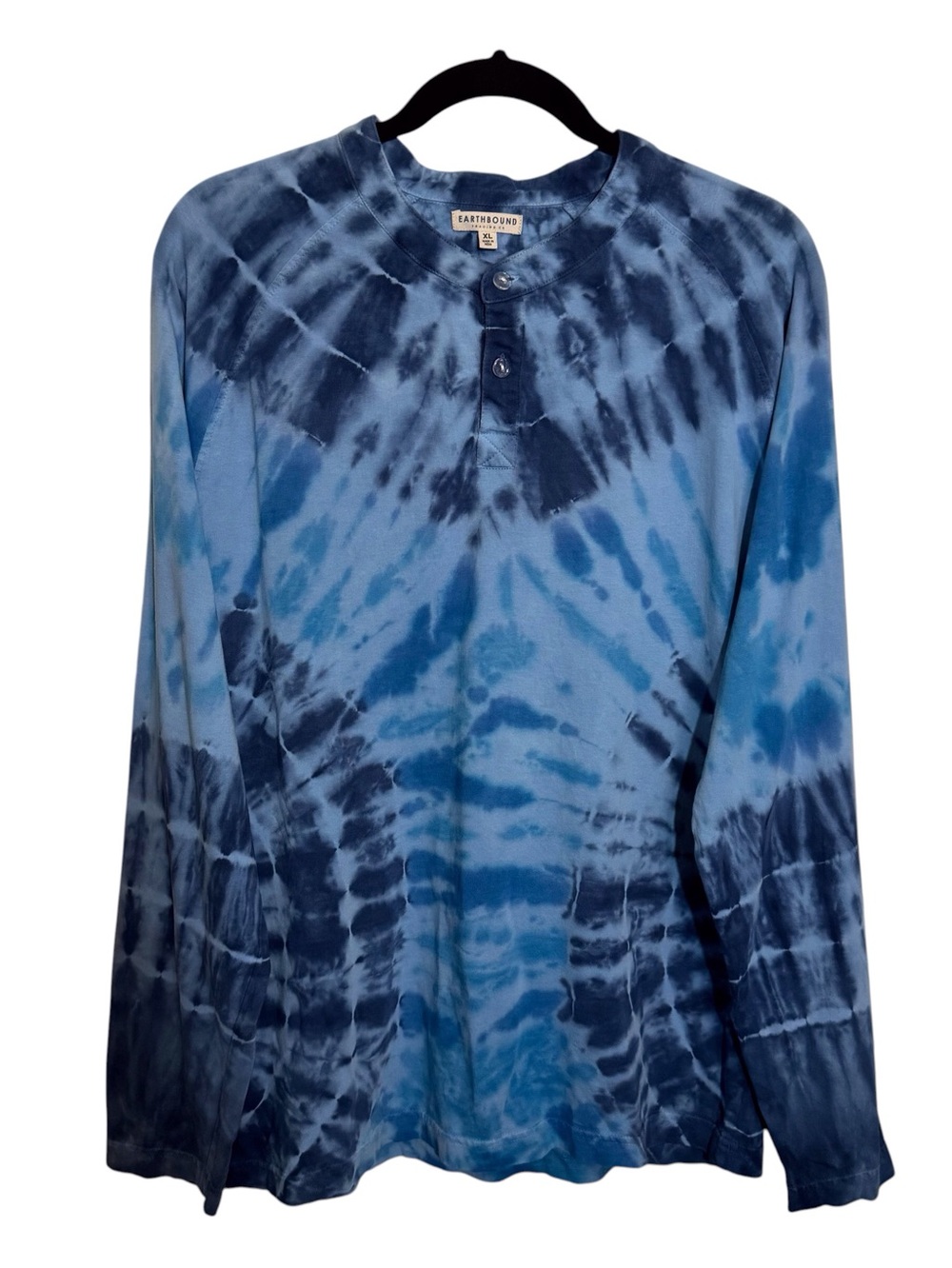 Earthbound Men’s X-Large Henley Shirt Tie Dye Long Sleeve Cotton Casual Blue